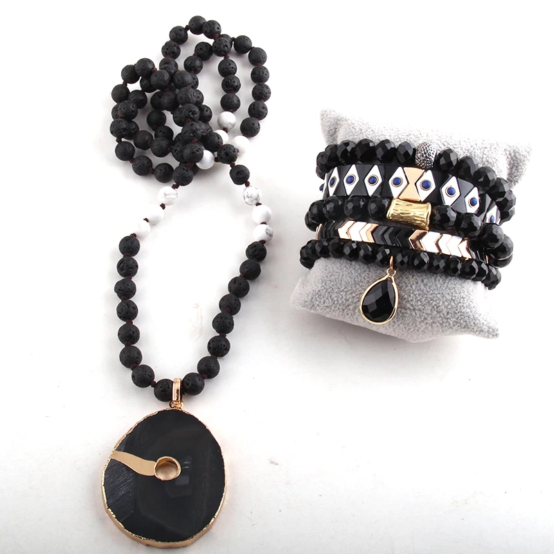 MD Moda Negru Semi-Pretioase, Margele Piatră Pandantiv Colier si Bratara Set Pentru Femei Jewelryes Seturi Imagine 3