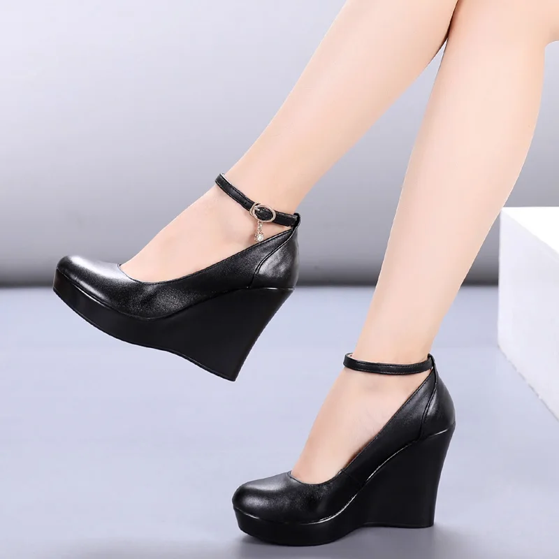 Moda Curea Glezna Pene Mari Pompe De Platforma Pentru Femei Casual Din Piele Negru Pantofi Cu Tocuri Înalte Imagine 2
