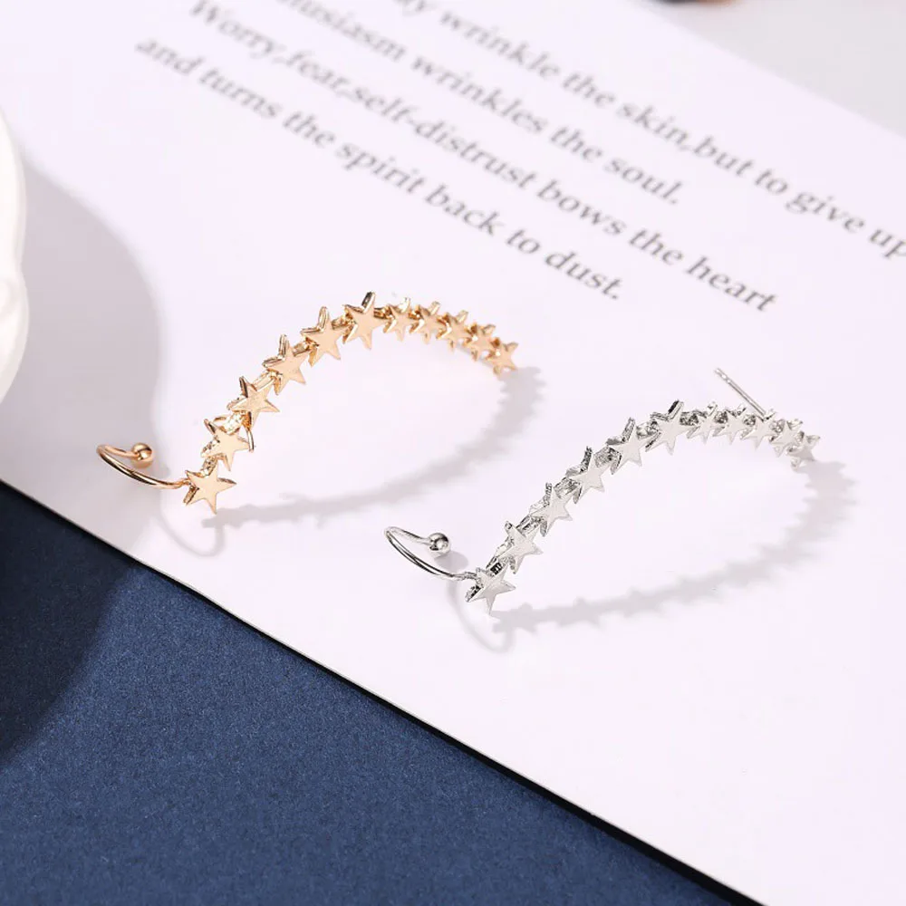 Noua Moda de Culoare Aur Forma de Stea Urechi Lungi mansete Boem Clip Pe Ureche Bantă Pentru Femei Cercel Clipuri Bijuterii Imagine 2