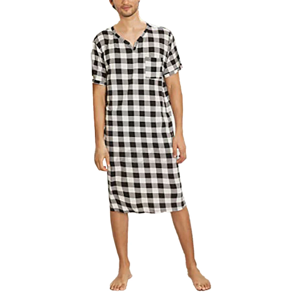 Rochie camasa Barbati camasa de Noapte Pijamale de Vara V Gât Topuri Casual Respirabil Confortabil Uzura Acasă L-3XL Zăbrele Imagine 0