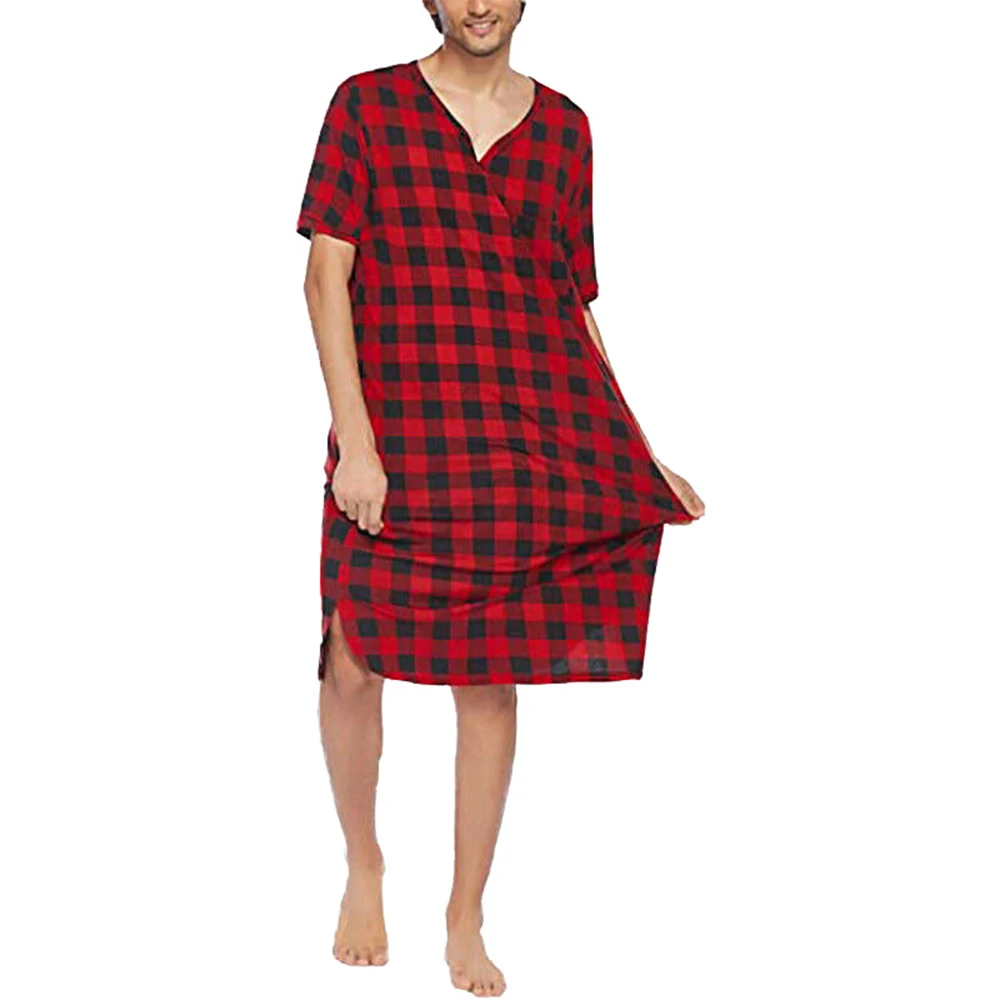 Rochie camasa Barbati camasa de Noapte Pijamale de Vara V Gât Topuri Casual Respirabil Confortabil Uzura Acasă L-3XL Zăbrele Imagine 1