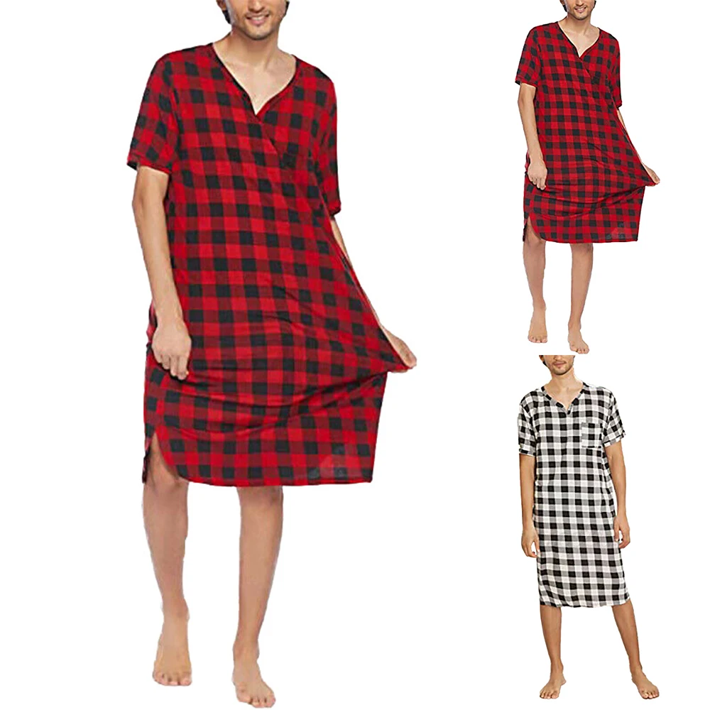 Rochie camasa Barbati camasa de Noapte Pijamale de Vara V Gât Topuri Casual Respirabil Confortabil Uzura Acasă L-3XL Zăbrele Imagine 5