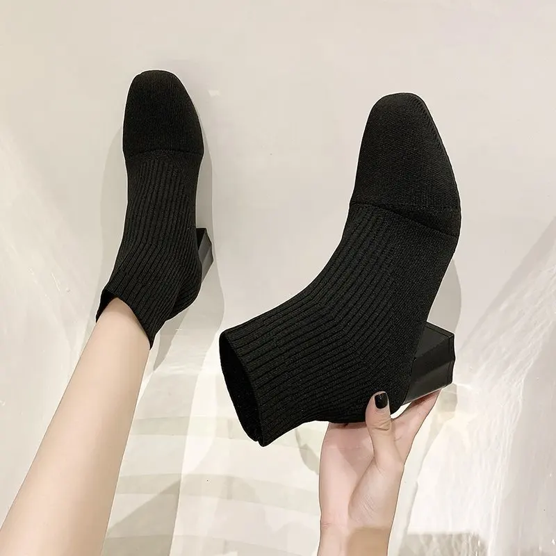 Întinde Șosete Cizme Pentru Femei Pantofi Toc Pătrat Galben de Tricotat pantofi Elastic Cottton Cizme Doamna Încălțăminte Imagine 2