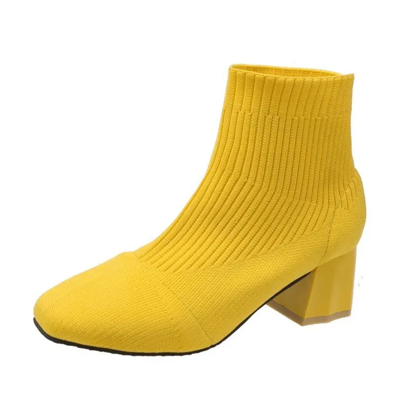 Întinde Șosete Cizme Pentru Femei Pantofi Toc Pătrat Galben de Tricotat pantofi Elastic Cottton Cizme Doamna Încălțăminte Imagine 5
